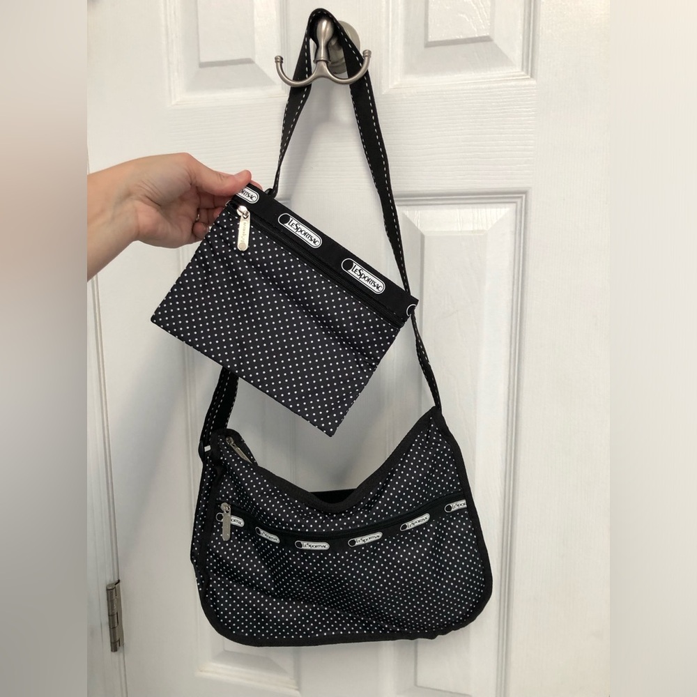 Lesportsac Black with White Polka Dots Shoulder Bag and Matching Pouch